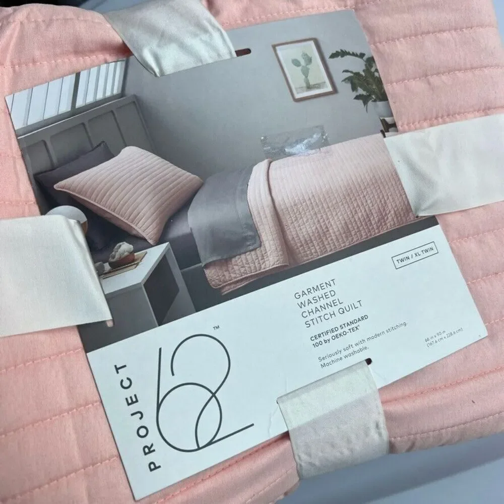 Project 62 Garment Washed Channel Stitch Quilt Pink Twin / XL Twin NEW